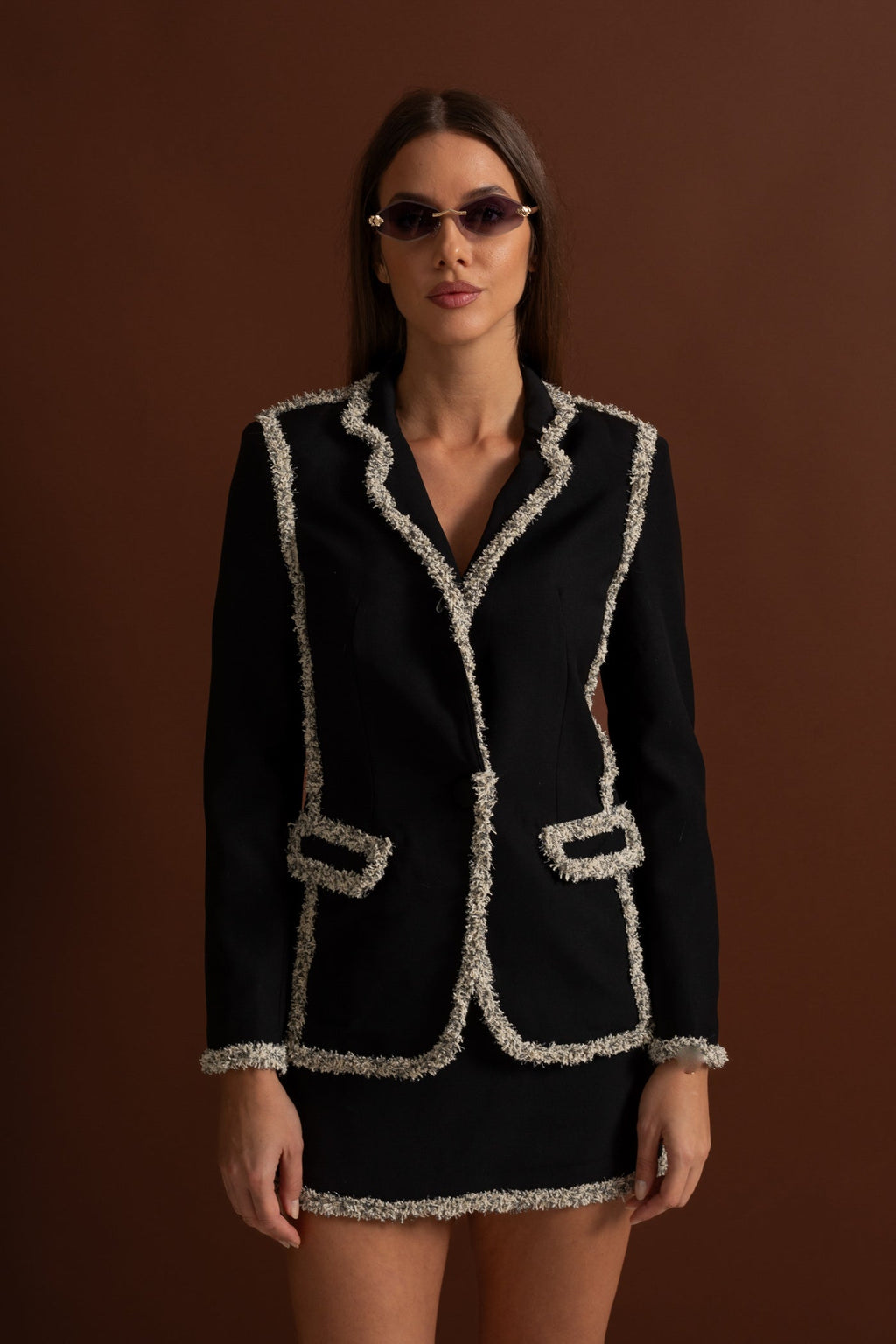 Parıltılı Kenarlı Blazer Ve Uyumlu Mini Etekli Tweed Takım - Siyah