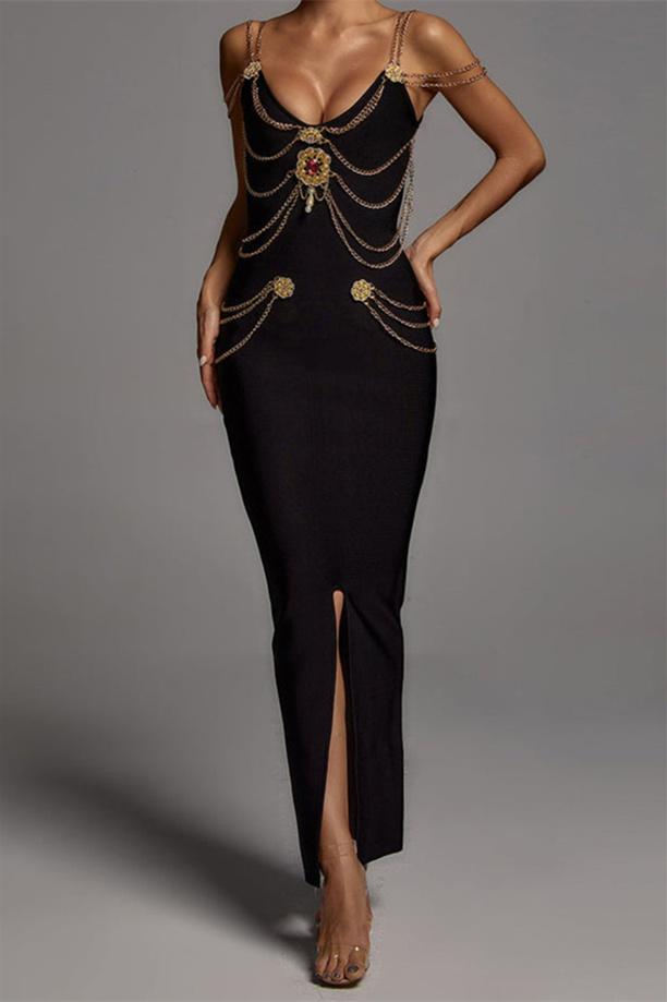 Setlla Metal İşlemeli V Yaka Midi Elbise