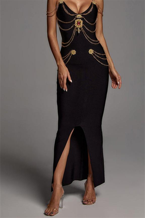 Setlla Metal İşlemeli V Yaka Midi Elbise