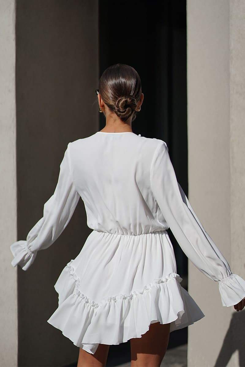 Sharon V Yaka Fırfırlı Mini Elbise