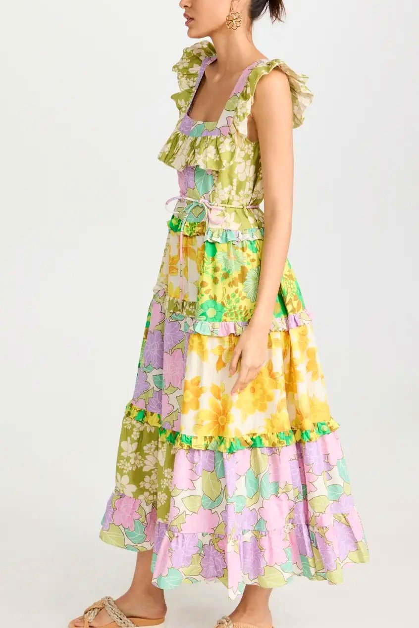 Shonna Baskılı Fırfırlı Kuşaklı Midi Elbise