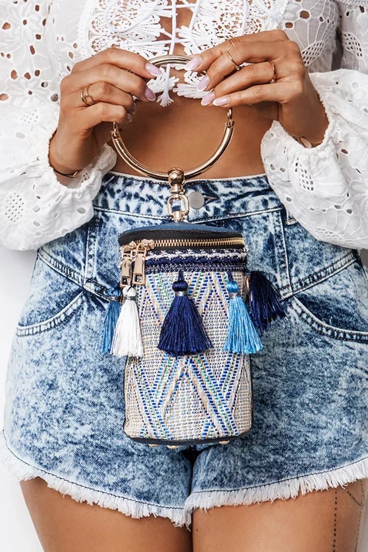 Hasır Dokuma Püsküllü Halkalı Kova Çanta