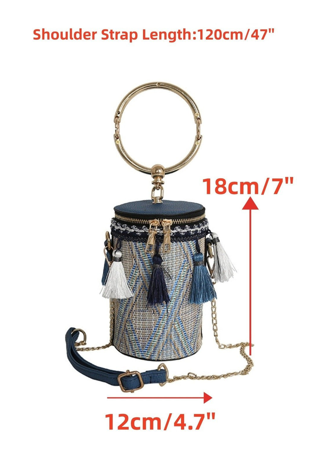 Hasır Dokuma Püsküllü Halkalı Kova Çanta