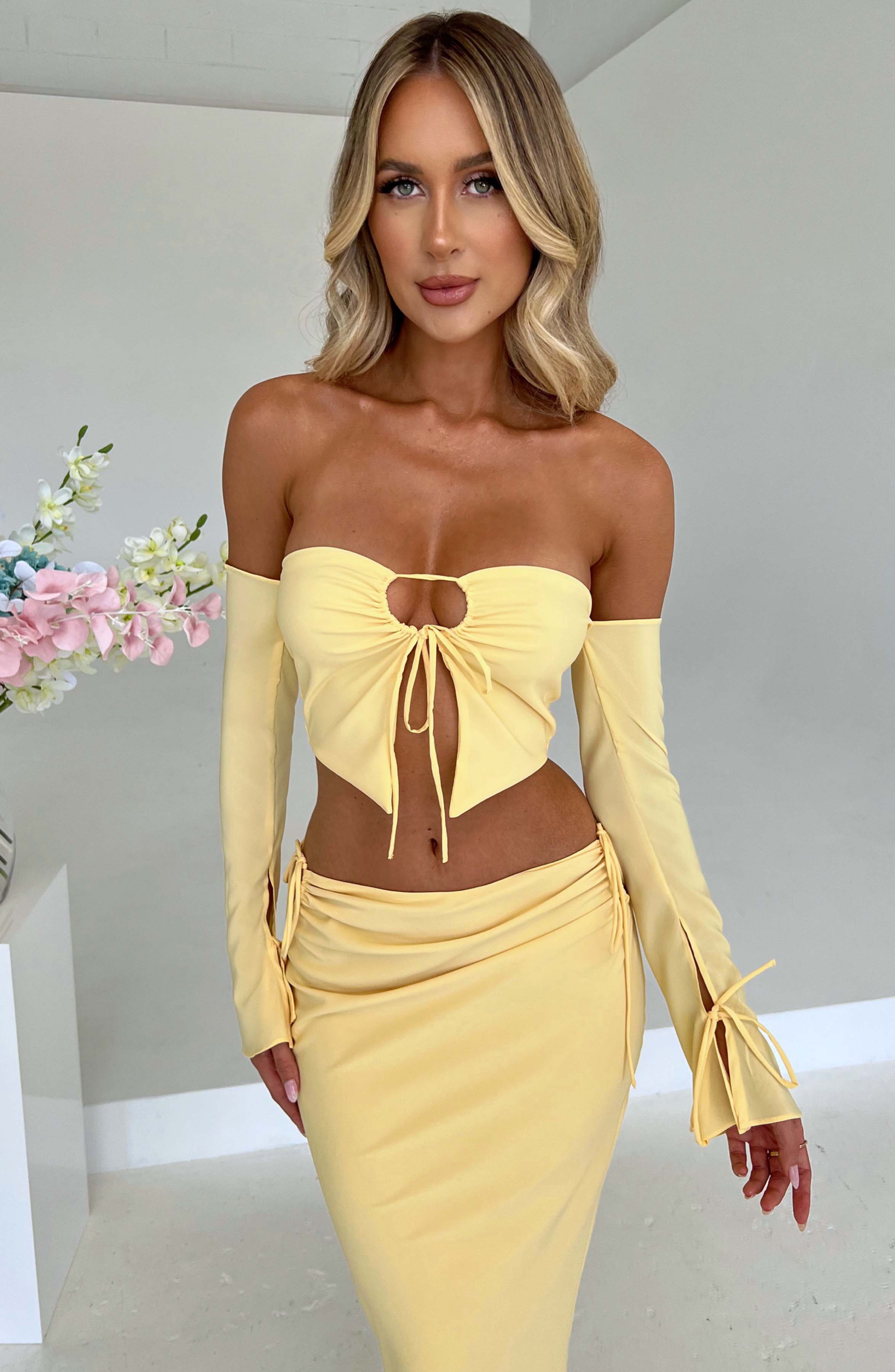 Yüksek Bel Büzgü Detaylı Uzun Etek – Sarı