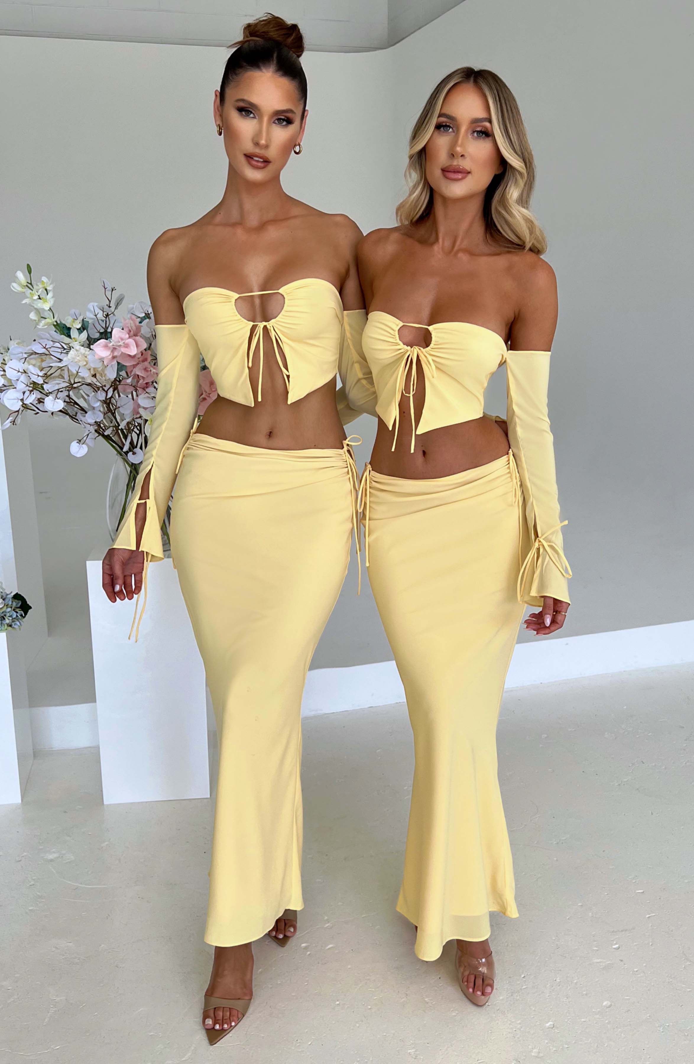 Yüksek Bel Büzgü Detaylı Uzun Etek – Sarı