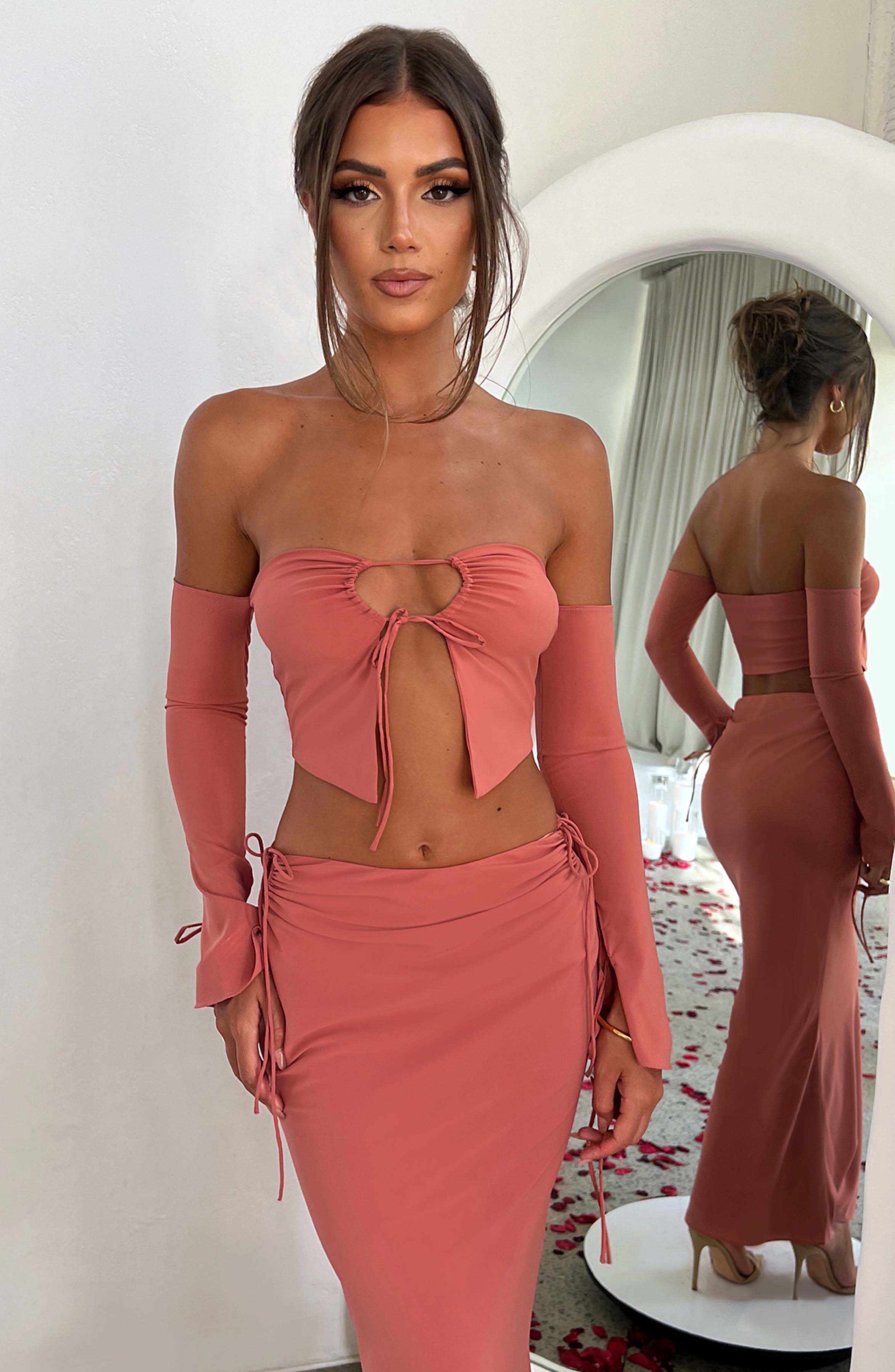 Bağcıklı Düşük Omuzlu Crop Top – Gül Kurusu