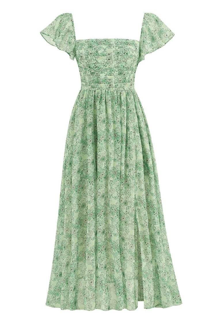 Terri Baskılı Pileli Korse Yırtmaçlı Midi Elbise