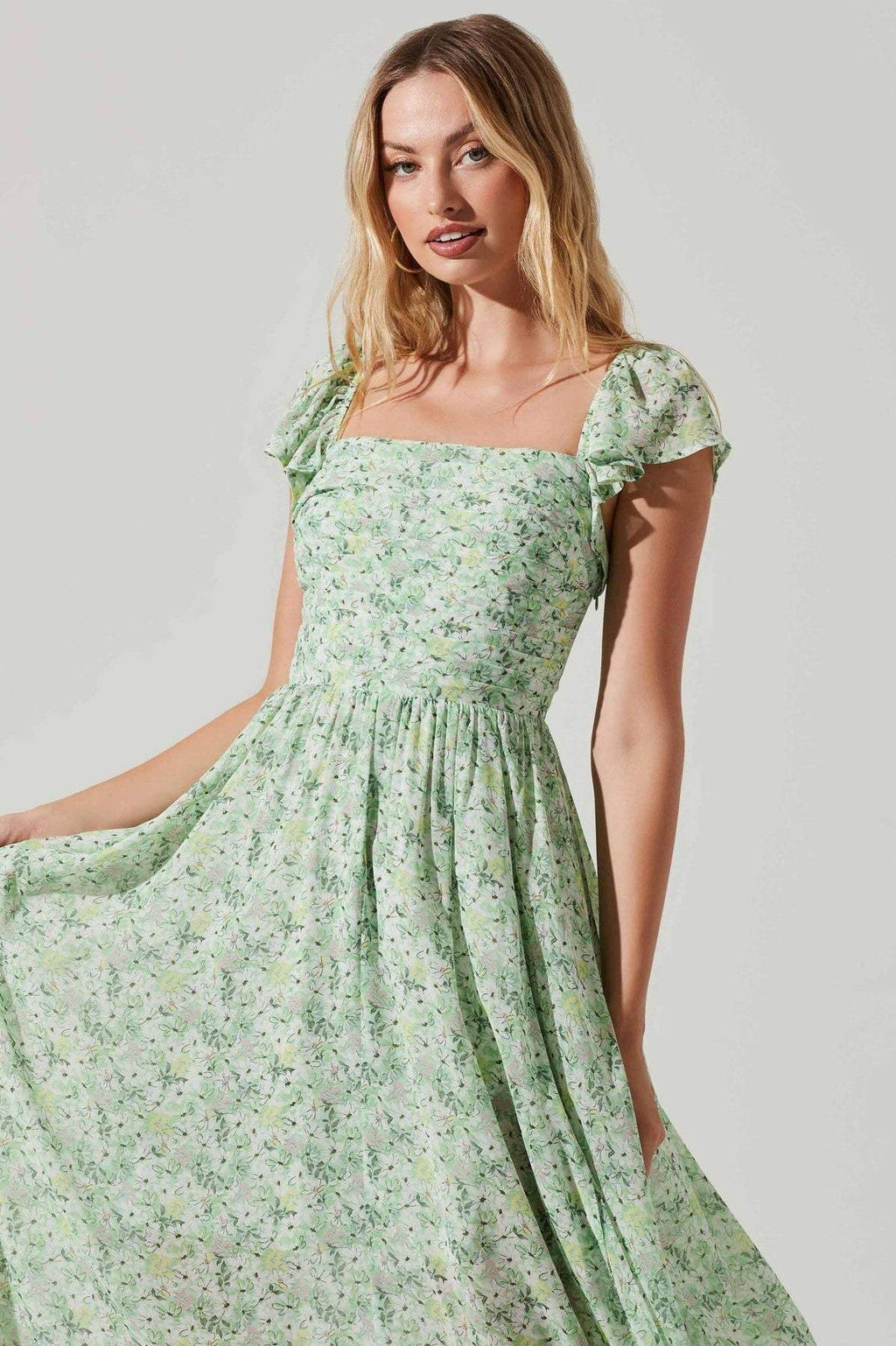 Terri Baskılı Pileli Korse Yırtmaçlı Midi Elbise