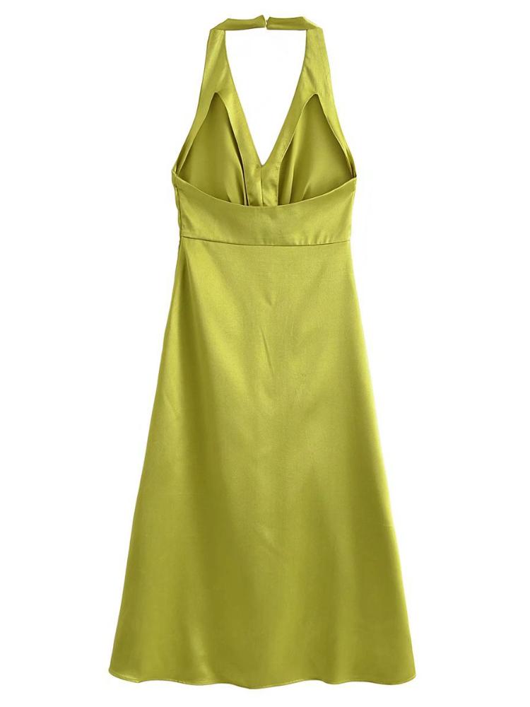 Vera Sırtı Açık Boyundan Bağlamalı Dokulu Saten Midi Elbise