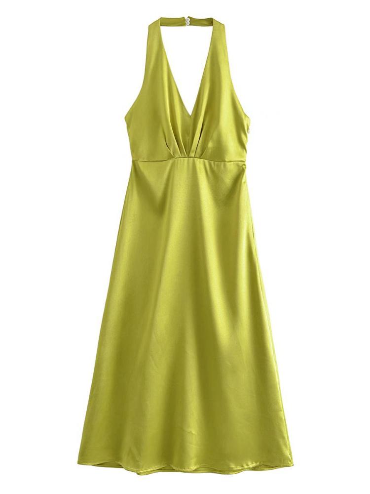 Vera Sırtı Açık Boyundan Bağlamalı Dokulu Saten Midi Elbise