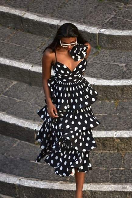 Verna Puantiyeli Katlı Midi Elbise