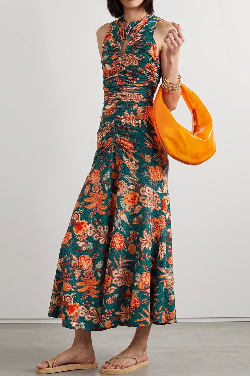 Wayne Baskılı Büzgülü Hollow Midi Elbise