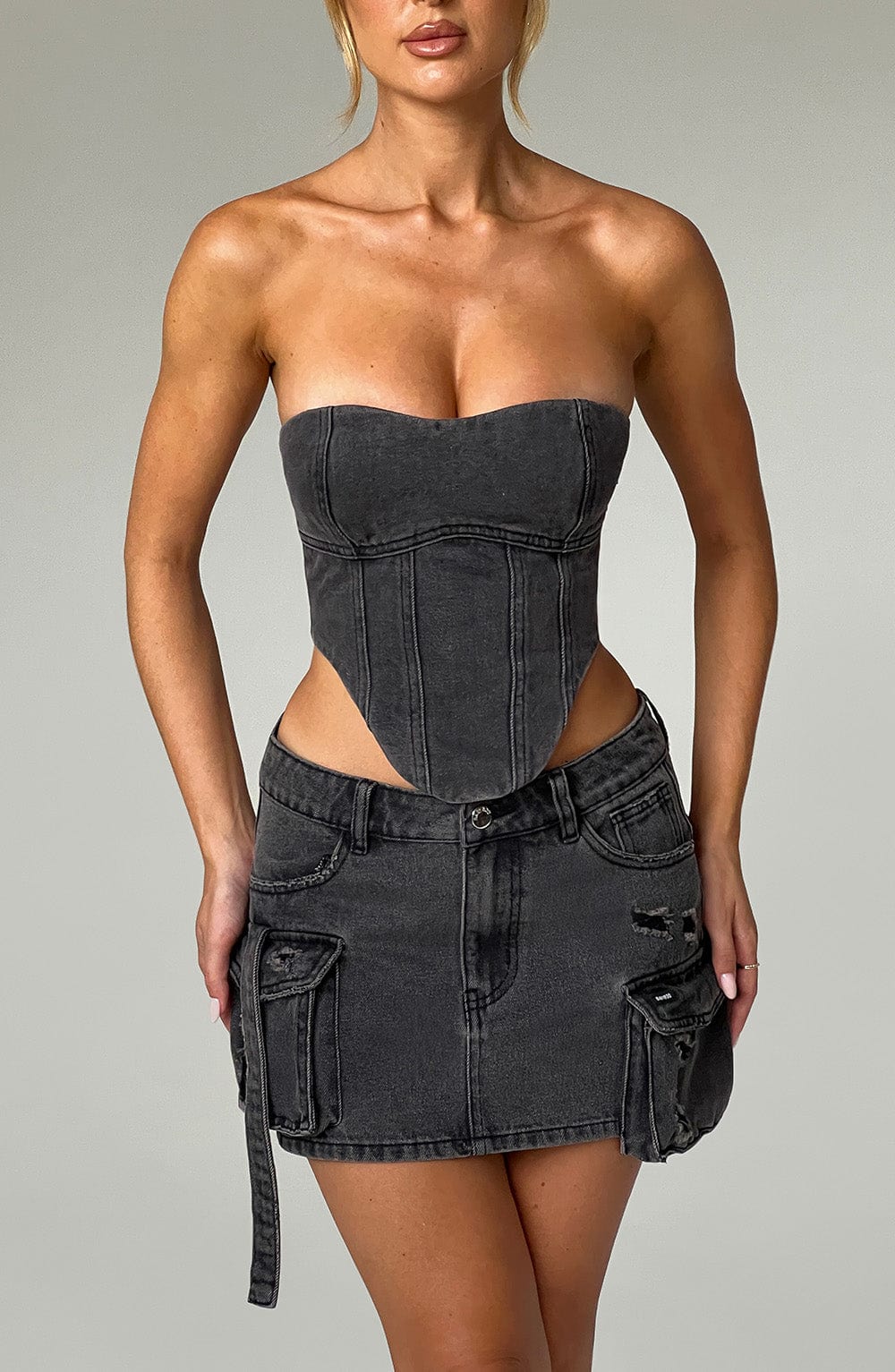 Boyundan Bağlamalı Denim Korsaj – Antrasit