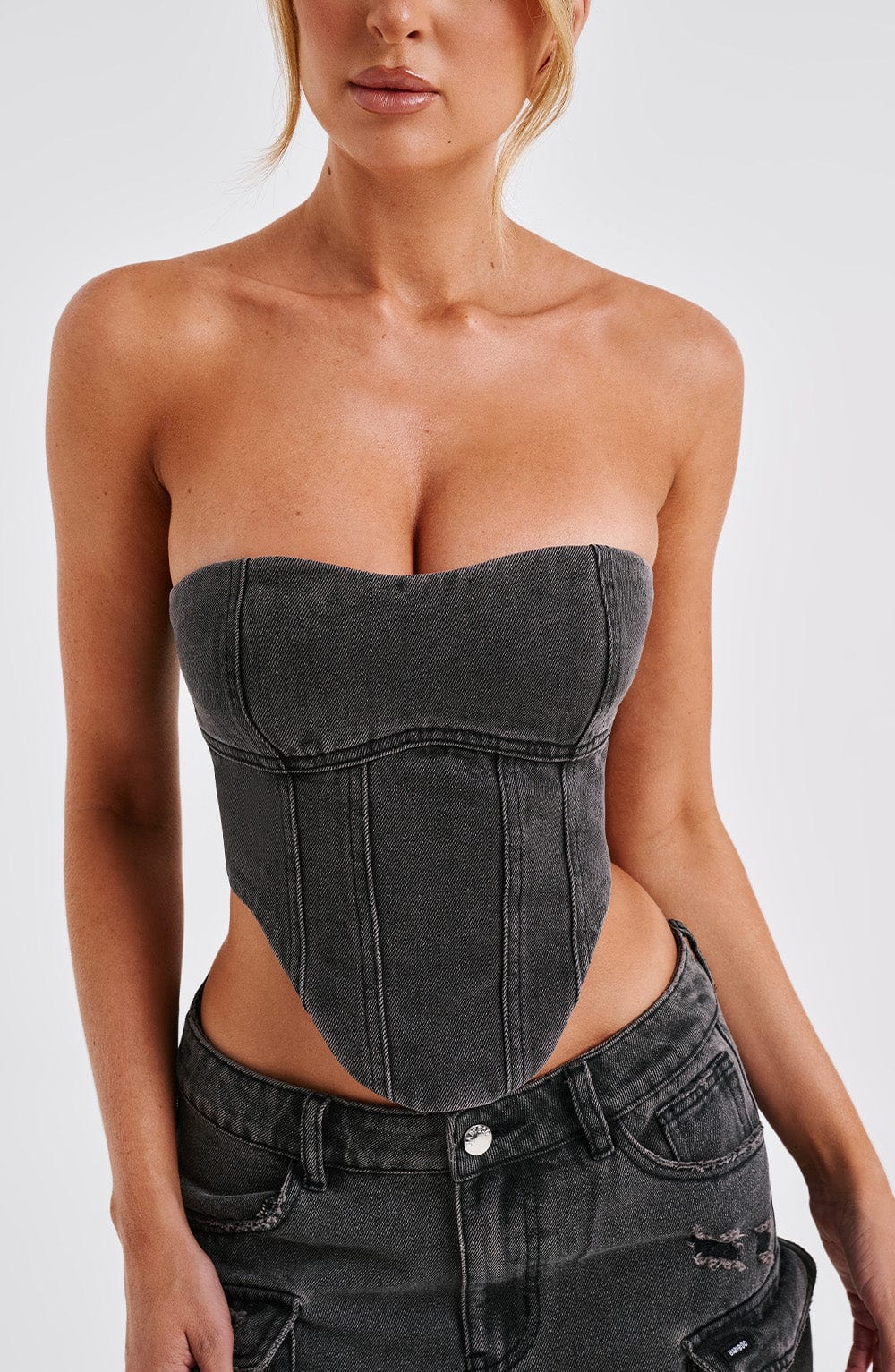 Boyundan Bağlamalı Denim Korsaj – Antrasit