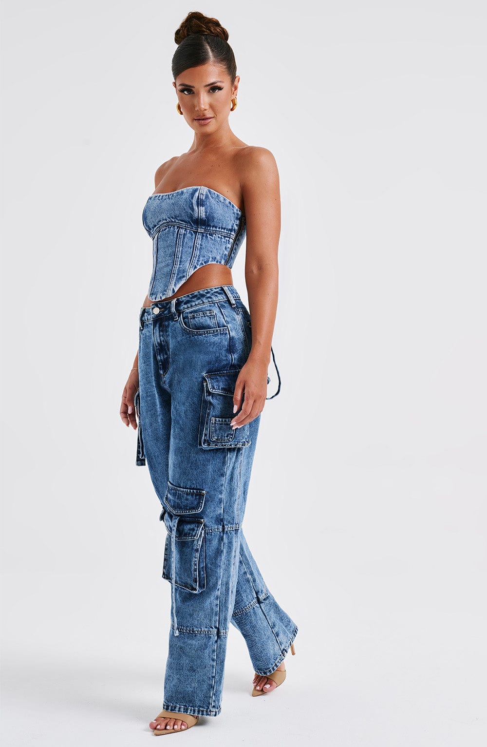 Korsaj Kesim Denim Büstiyer – Mavi