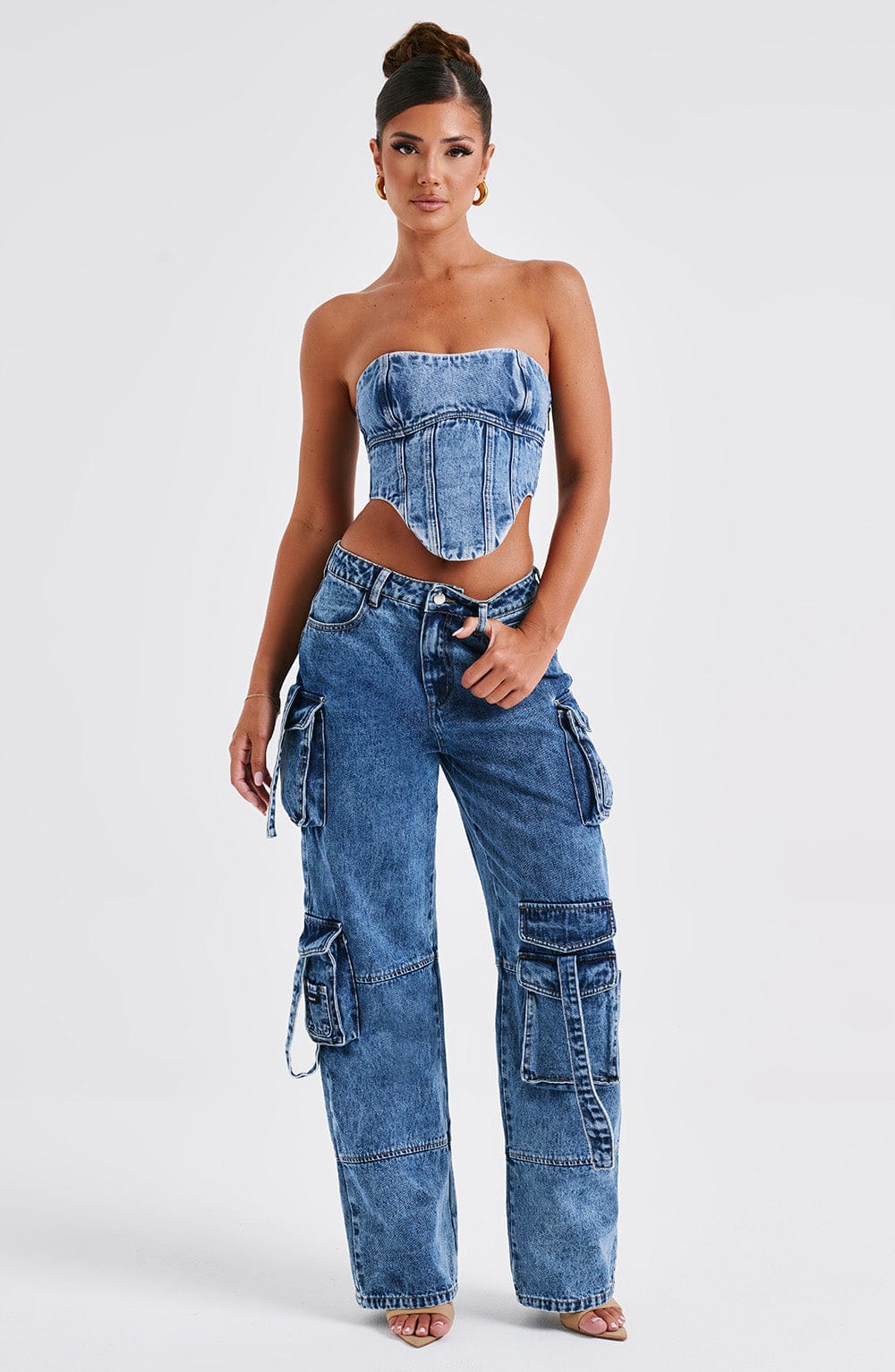 Korsaj Kesim Denim Büstiyer – Mavi